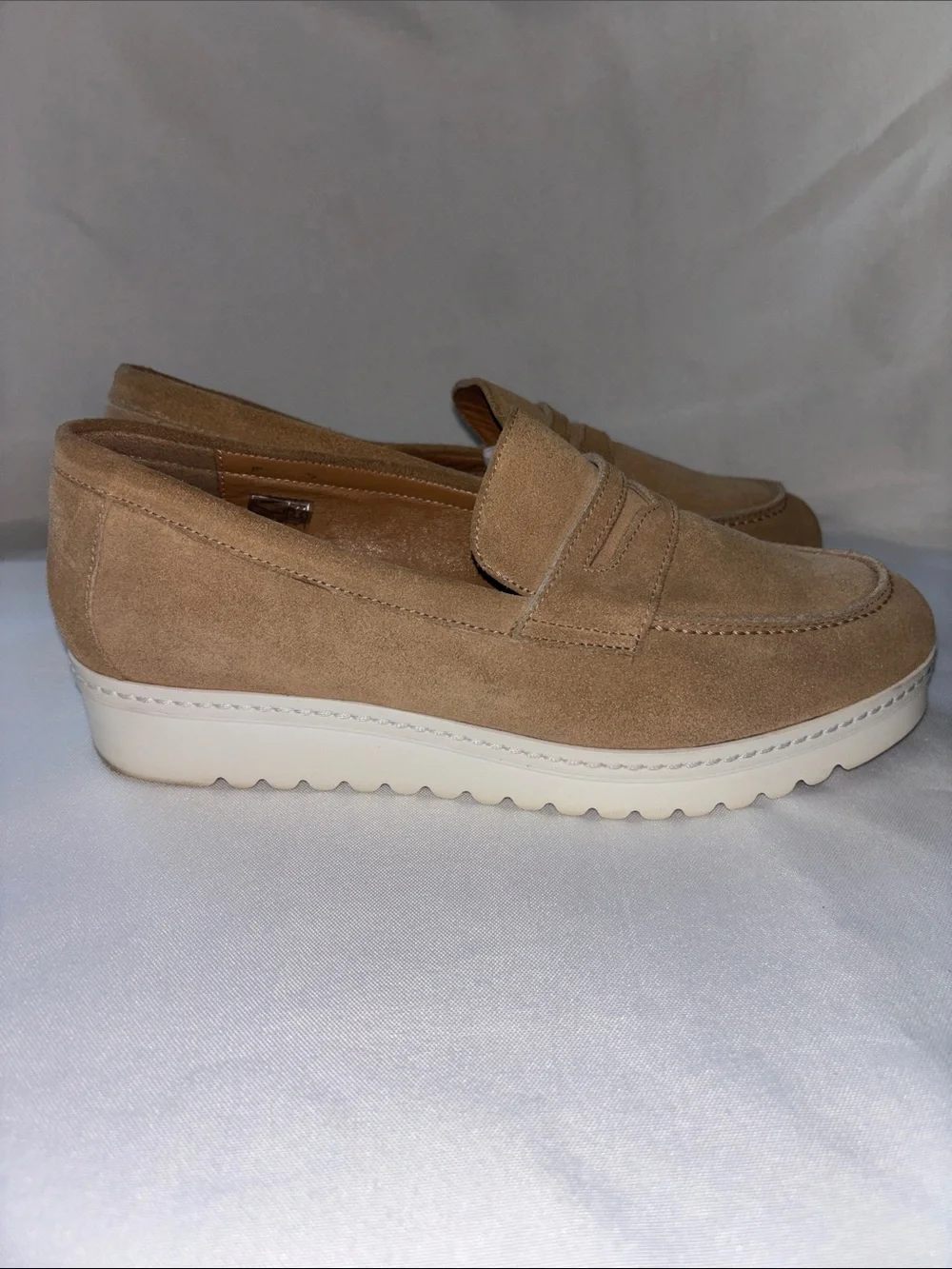Aquatalia Suede Loafers in Light Tan with White Platform